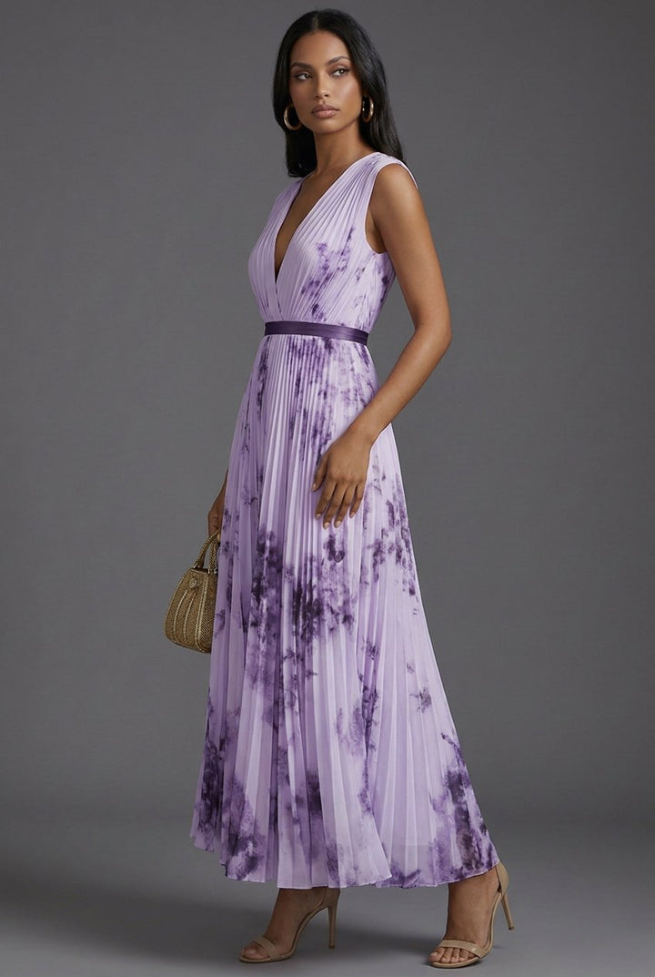 Mother of the Bride Dress Pleated Floral V-Neck Midi
