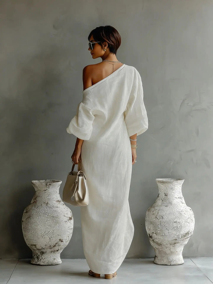 One Shoulder Linen Maxi Dress Asymmetrical Relaxed Fit