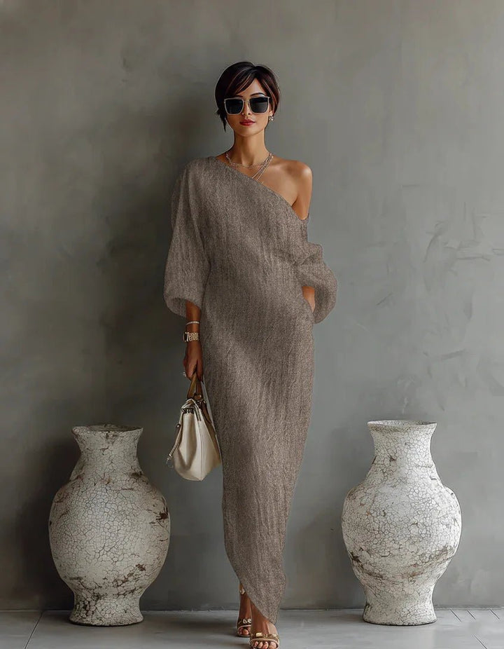 One Shoulder Linen Maxi Dress Asymmetrical Relaxed Fit - Khaki