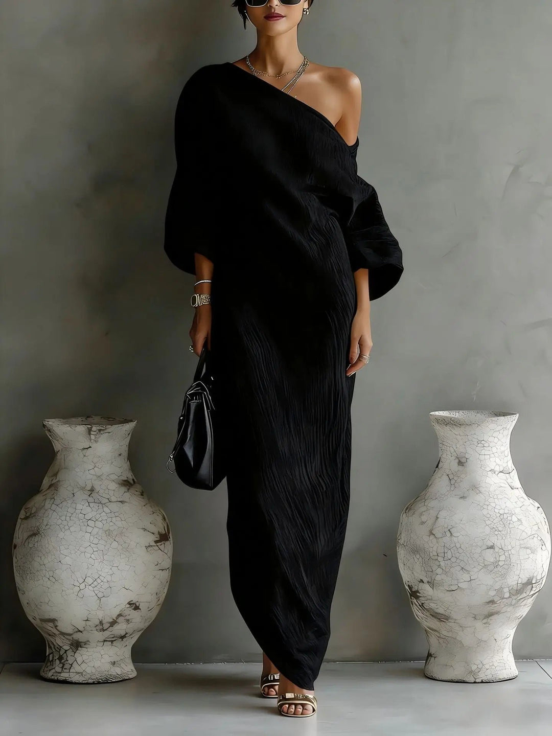 One Shoulder Linen Maxi Dress Asymmetrical Relaxed Fit - Black