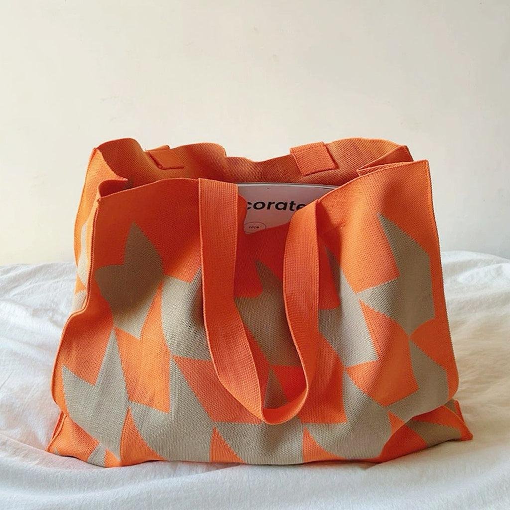 Oversized Graphic Knit Canvas Tote Bag One Size - Orange
