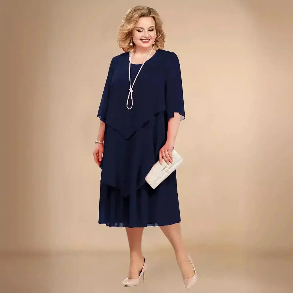 Plus Size Chiffon Dress Layered Asymmetrical Knee Length - Navy