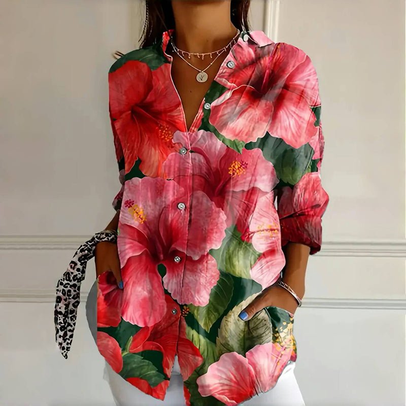 Plus Size Floral Blouse Button-Up Long Sleeve Relaxed Fit - Roses
