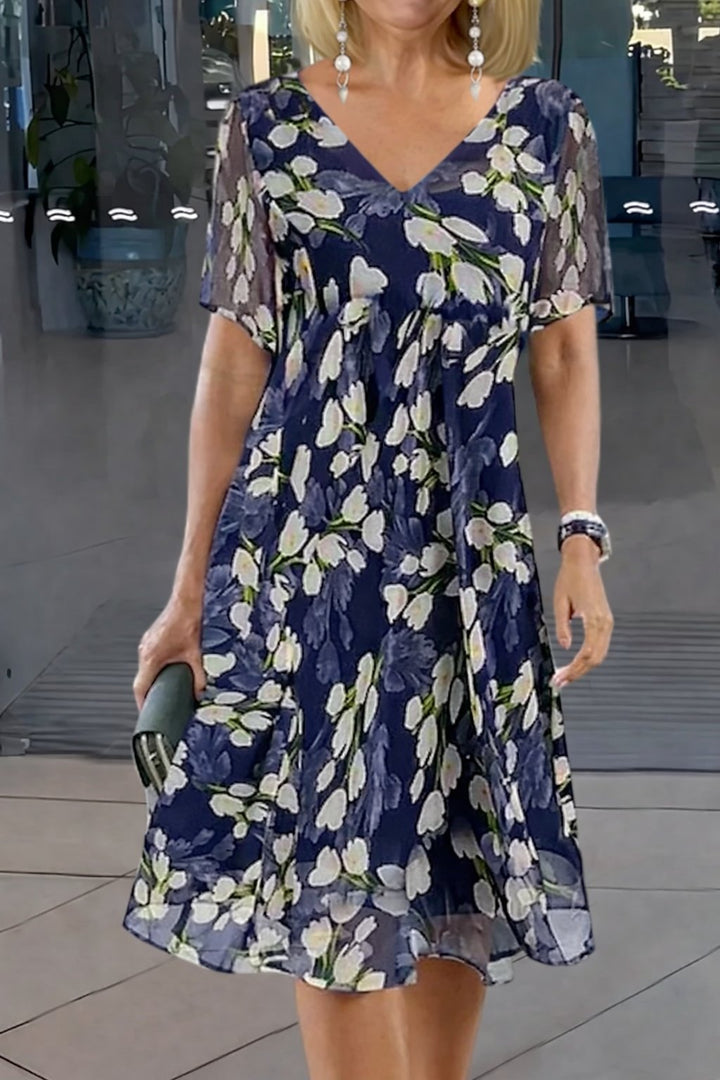 Plus Size Floral Dress V-Neck Short Sleeve Midi A-Line - Navy Blue