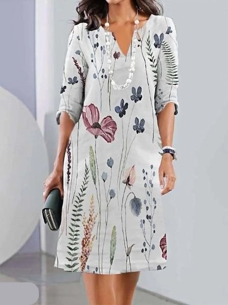 Plus Size Floral Dress V-Neck Short Sleeve Midi A-Line - Off-white