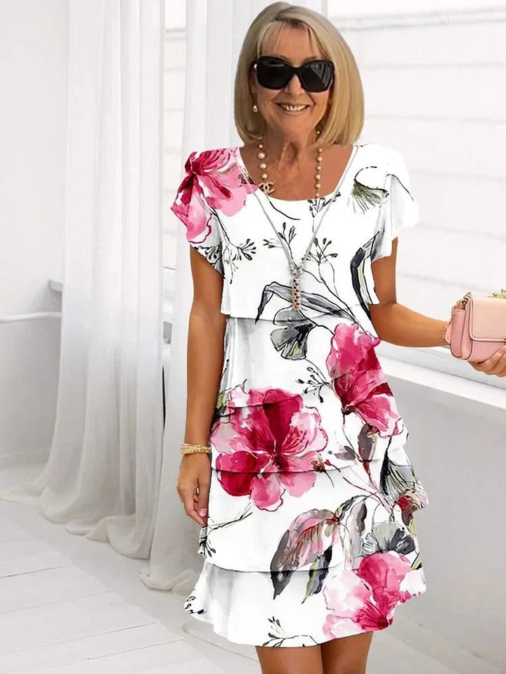 Plus Size Floral Ruffled Dress Short Sleeve Pleated - White