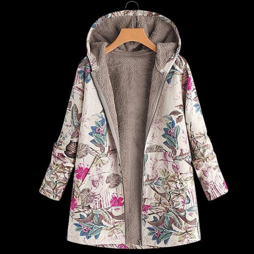 Plus Size Hooded Floral Coat Winter Fleece Lined - White
