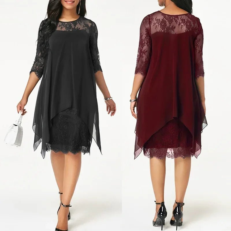 Plus Size Lace Chiffon Dress Quarter Sleeve Asymmetrical Hem