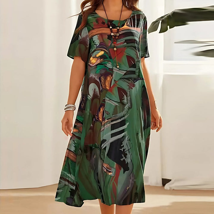 Plus Size Maxi Dress Short Sleeve Abstract Print Casual - Green