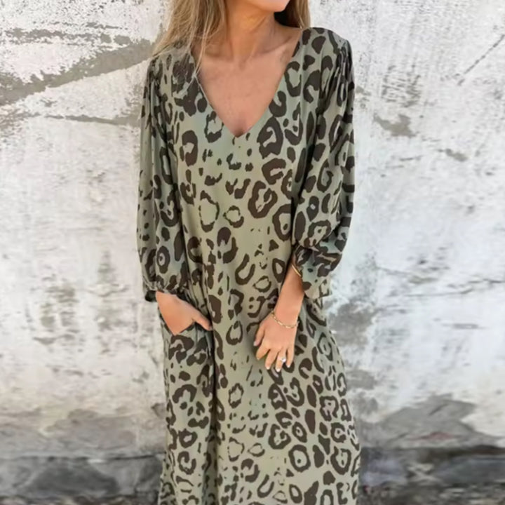 Plus Size Maxi Dress V-Neck Long Sleeve Leopard Print Casual - Khaki