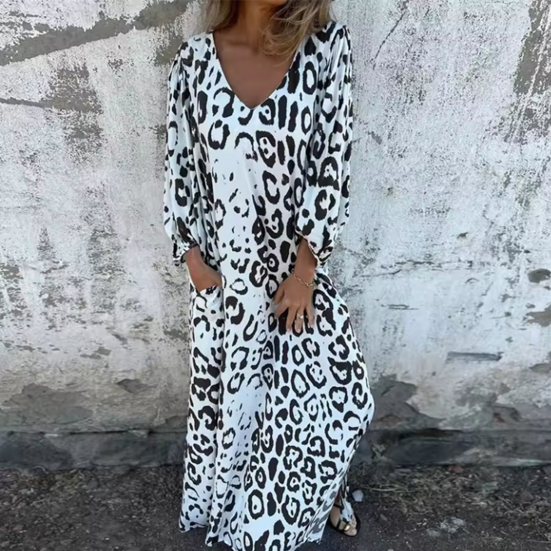 Plus Size Maxi Dress V-Neck Long Sleeve Leopard Print Casual - White