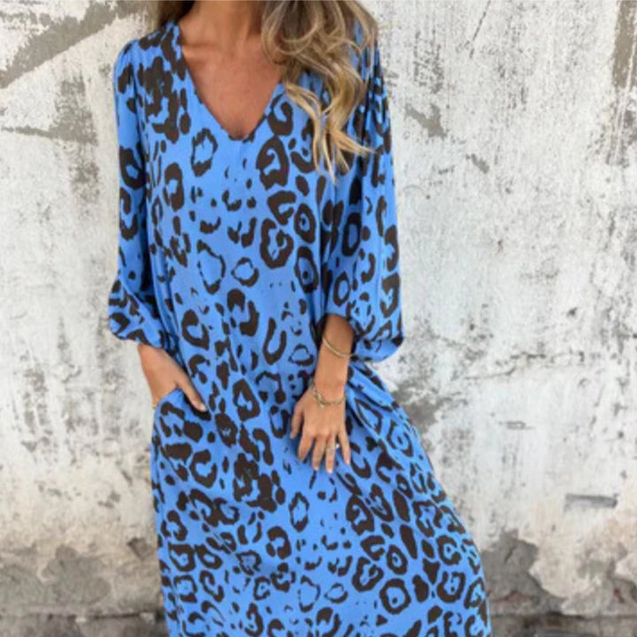 Plus Size Maxi Dress V-Neck Long Sleeve Leopard Print Casual