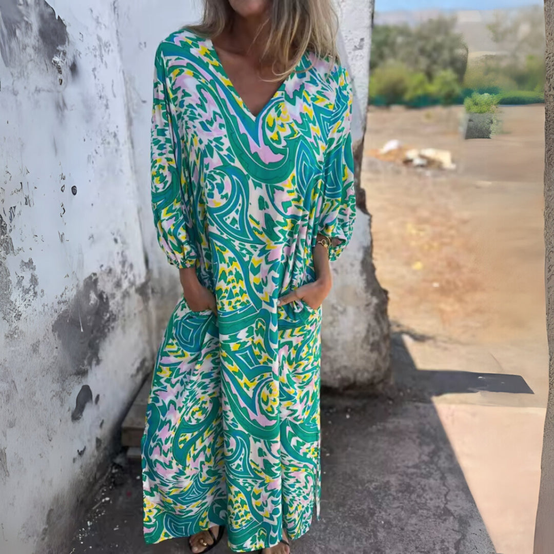 Plus Size Maxi Dress V-Neck Long Sleeve Leopard Print Casual - Multi Color Blue