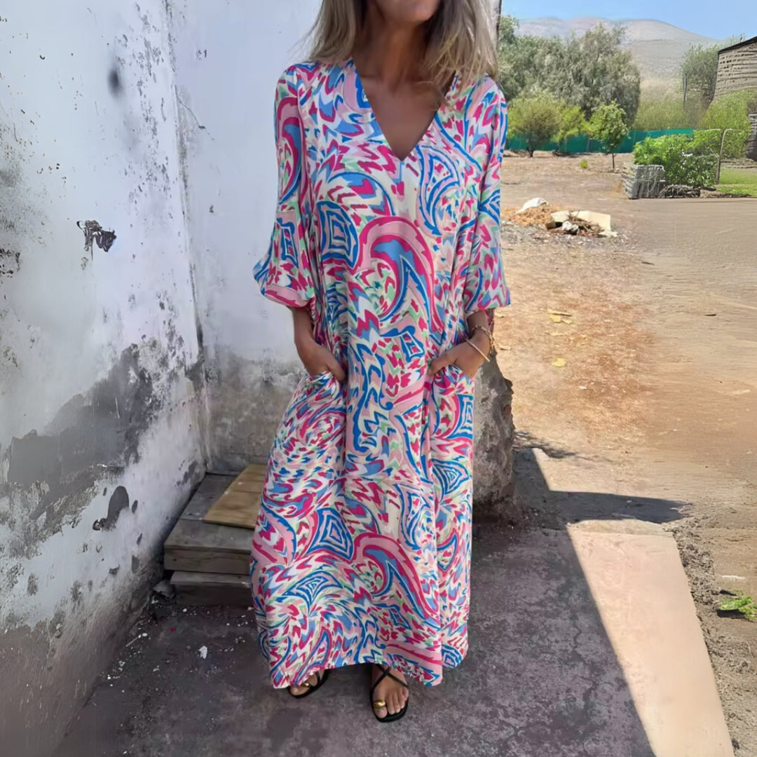 Plus Size Maxi Dress V-Neck Long Sleeve Leopard Print Casual - Multi Color Purple