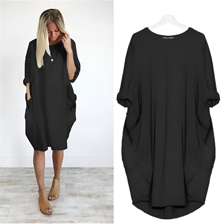 Plus Size Midi Dress with Pockets Oversized Casual Comfort - Black
