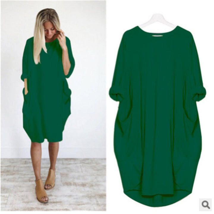 Plus Size Midi Dress with Pockets Oversized Casual Comfort - Green