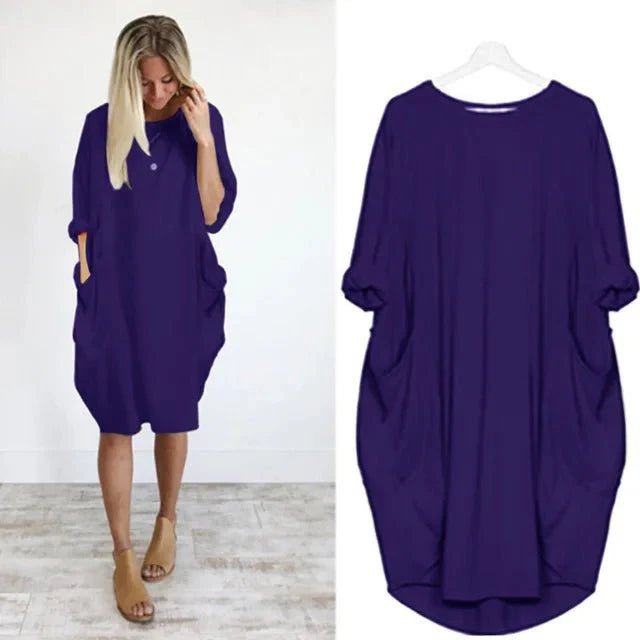 Plus Size Midi Dress with Pockets Oversized Casual Comfort - Blue