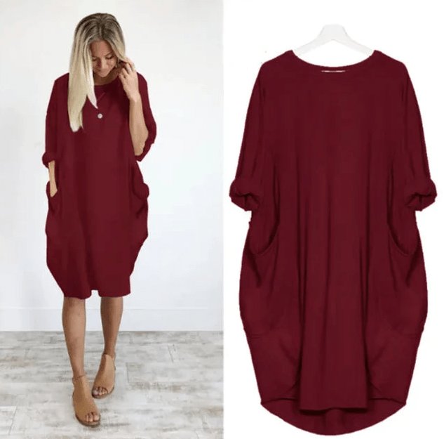 Plus Size Midi Dress with Pockets Oversized Casual Comfort - Dark Red