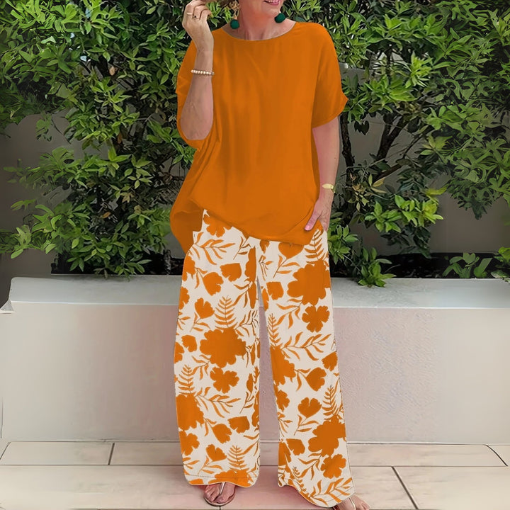 Plus Size Two-Piece Set Floral Wide-Leg Pants Relaxed Top - Mandarin Orange