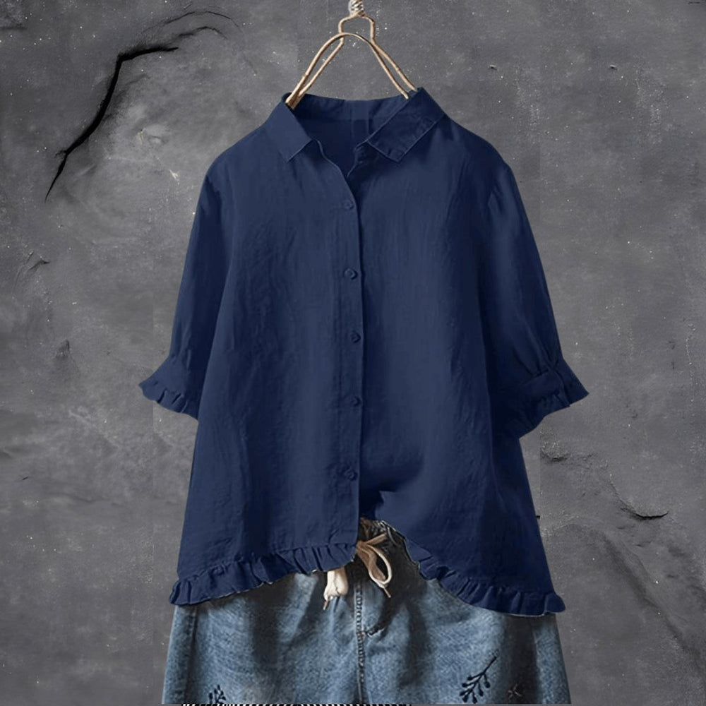 Plus Size Women's Blouse Button Front Collared Ruffle Hem - Dark Blue