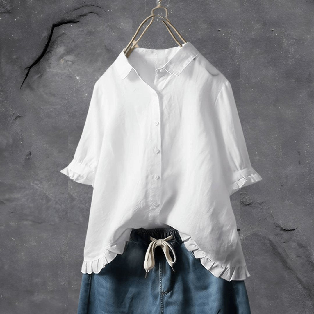 Plus Size Women's Blouse Button Front Collared Ruffle Hem - White