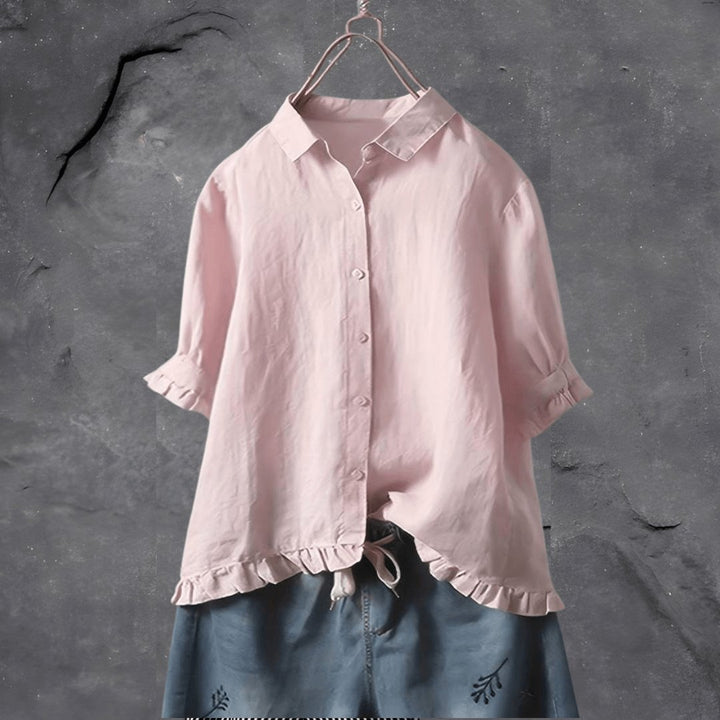 Plus Size Women's Blouse Button Front Collared Ruffle Hem - Pink