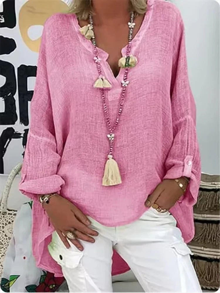 Plus Size Women's V-Neck Blouse Long Sleeve Relaxed Fit - Pink