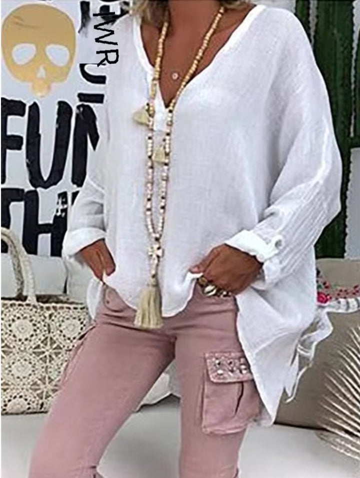 Plus Size Women's V-Neck Blouse Long Sleeve Relaxed Fit - White