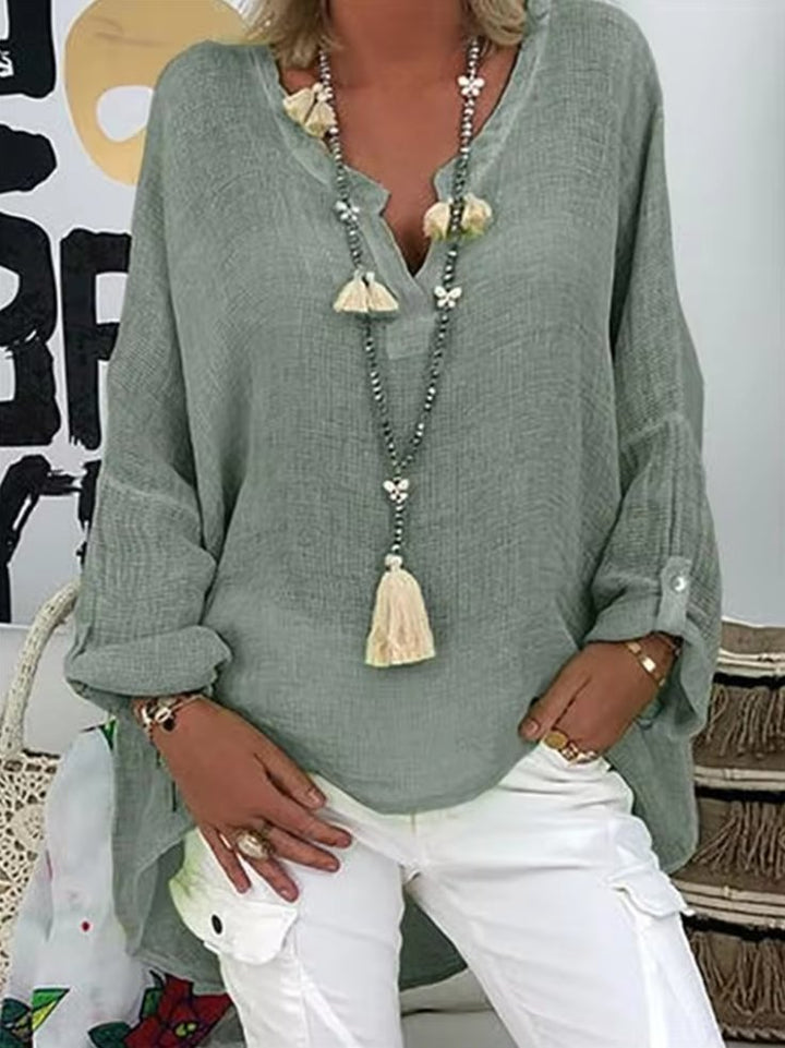 Plus Size Women's V-Neck Blouse Long Sleeve Relaxed Fit - Green Gray