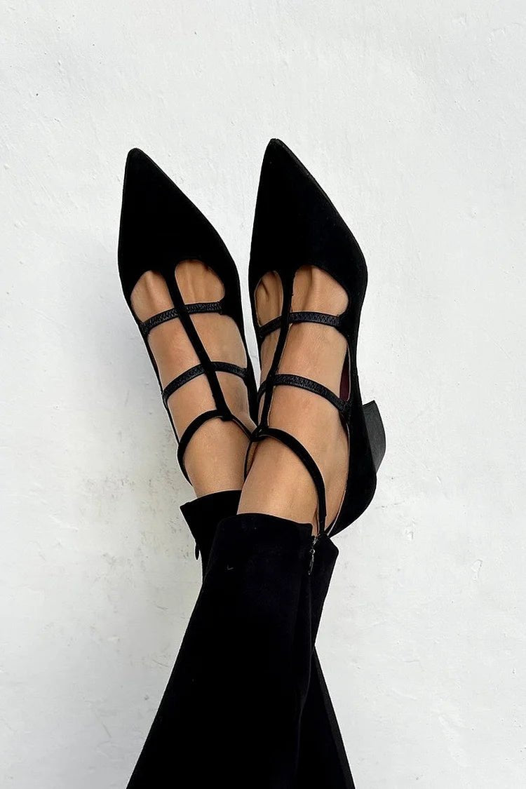 Pointed Toe Flats Strappy Ankle Strap Low Block Heel - Black
