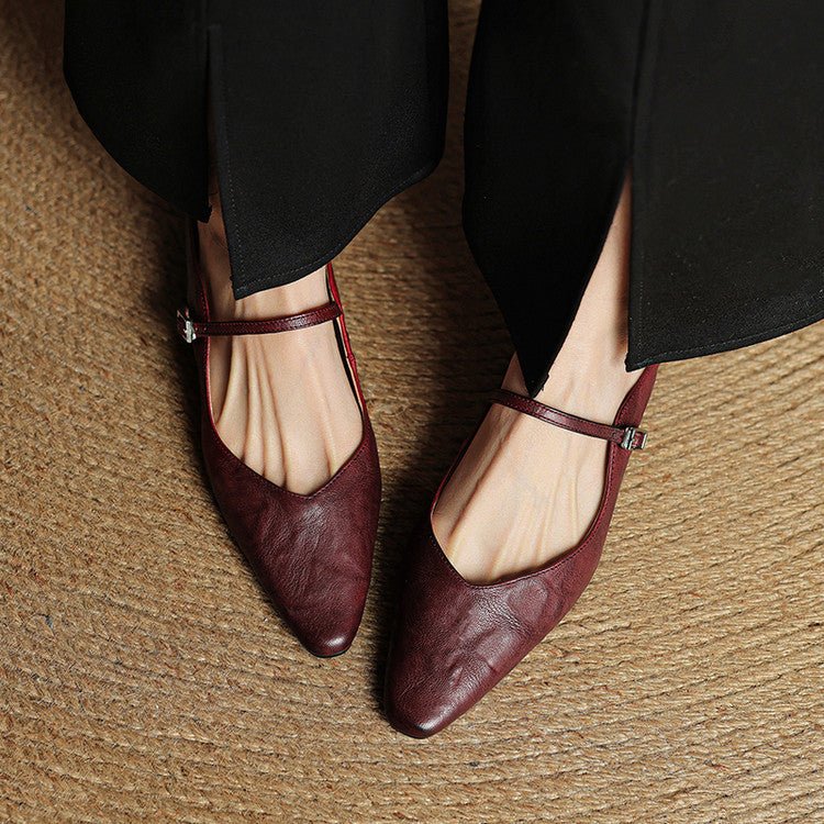 Pointed Toe Mules Genuine Leather Mary Jane Strap