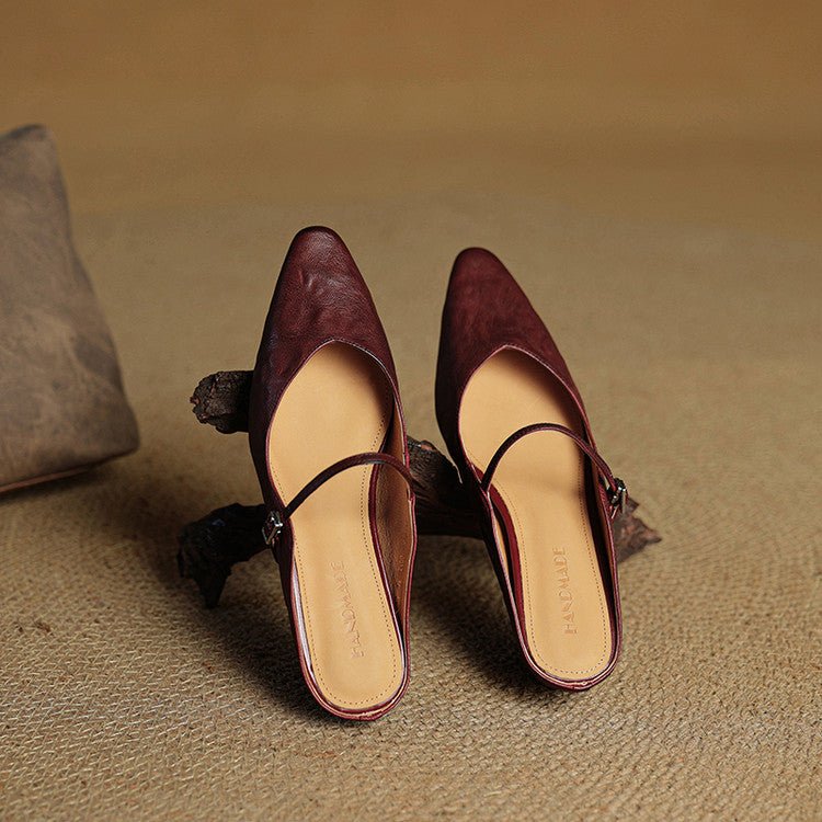 Pointed Toe Mules Genuine Leather Mary Jane Strap