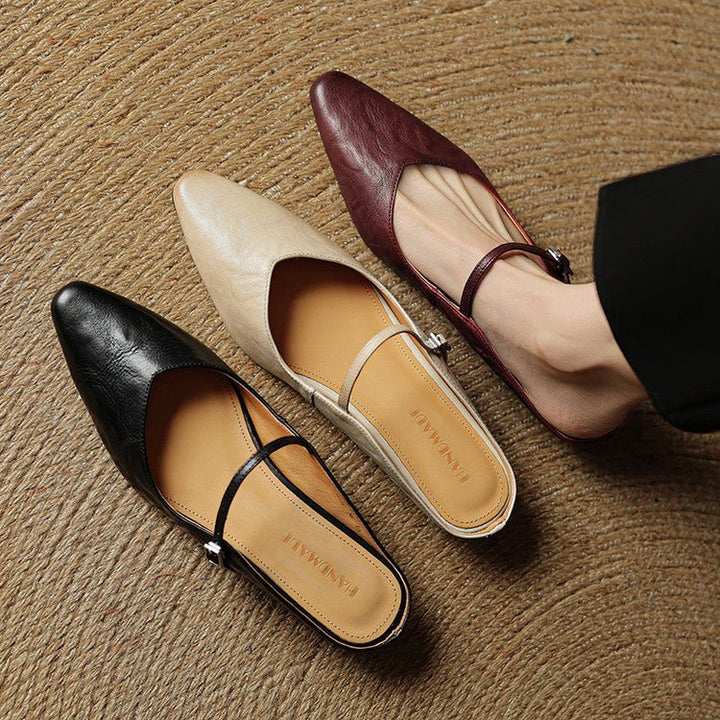 Pointed Toe Mules Genuine Leather Mary Jane Strap