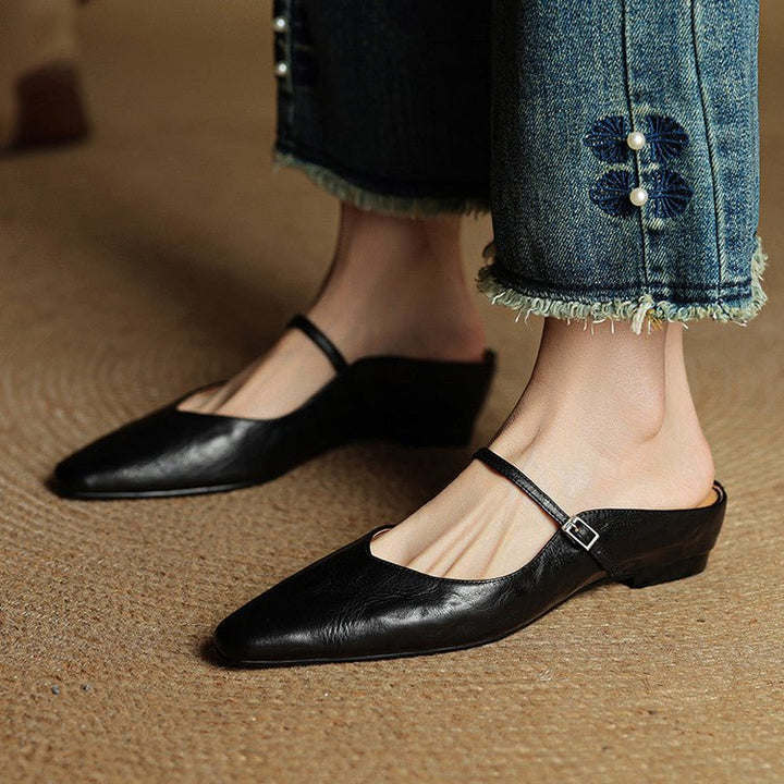 Pointed Toe Mules Genuine Leather Mary Jane Strap - Black
