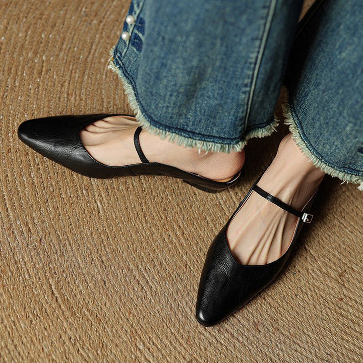 Pointed Toe Mules Genuine Leather Mary Jane Strap