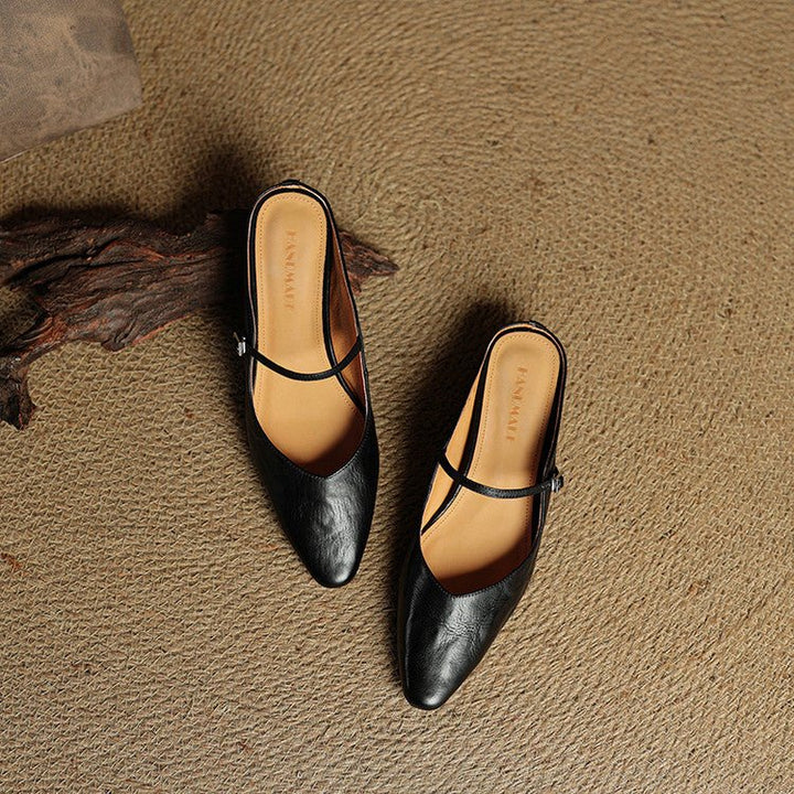 Pointed Toe Mules Genuine Leather Mary Jane Strap