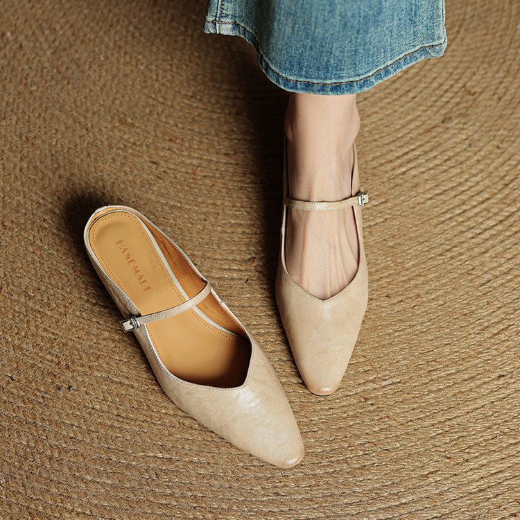 Pointed Toe Mules Genuine Leather Mary Jane Strap