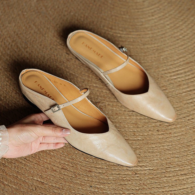 Pointed Toe Mules Genuine Leather Mary Jane Strap