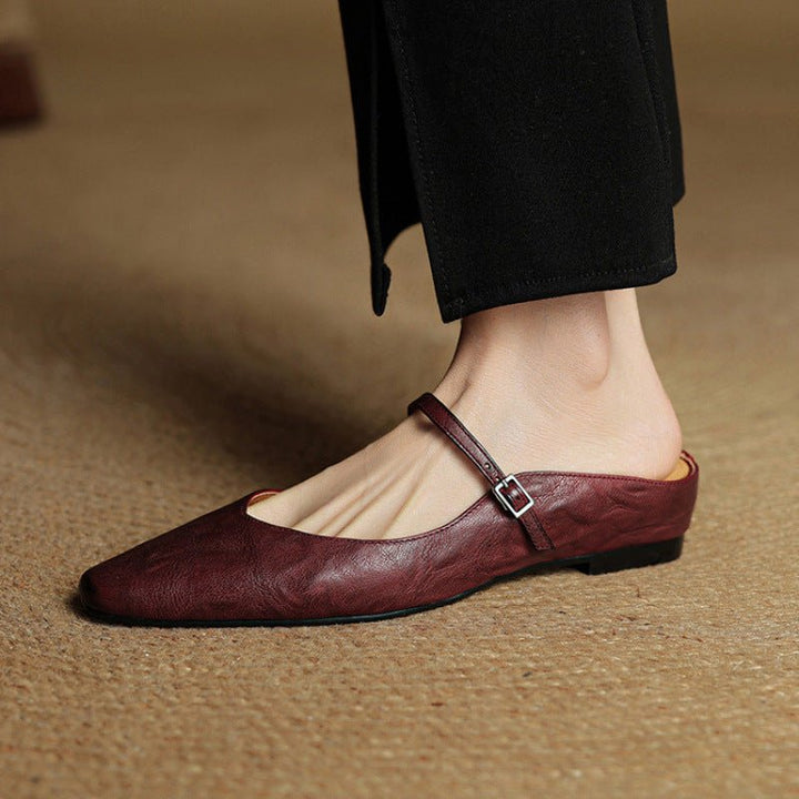 Pointed Toe Mules Genuine Leather Mary Jane Strap