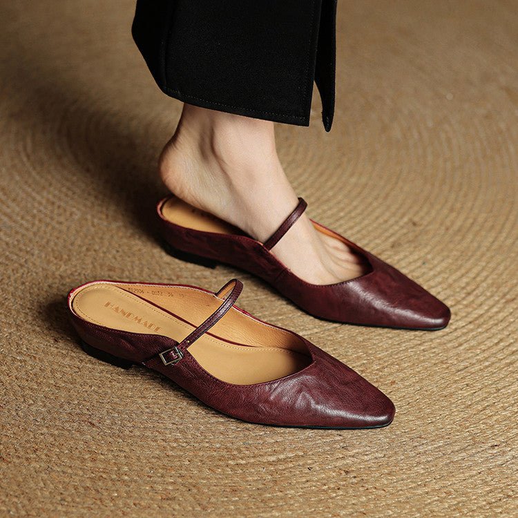 Pointed Toe Mules Genuine Leather Mary Jane Strap - Maroon