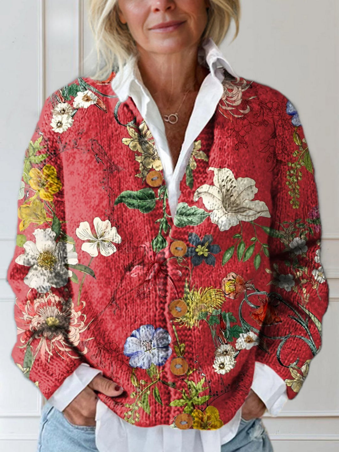 Quilted Floral Cardigan Button-Front Vintage Style Relaxed - Red