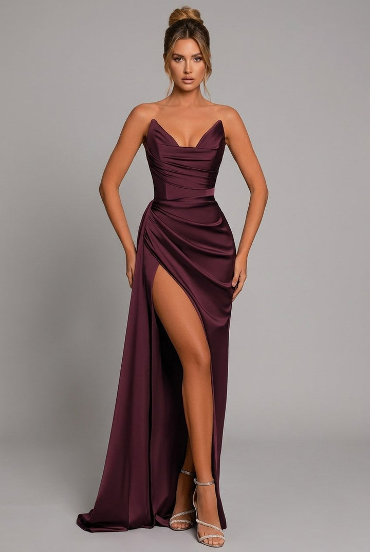 Satin Maxi Dress Ruched Sweetheart Split - Crimson Red
