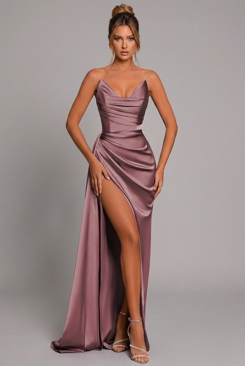 Satin Maxi Dress Ruched Sweetheart Split - Dusty Rose