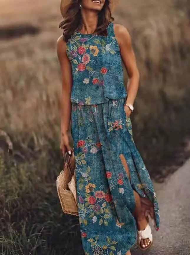 Sleeveless Maxi Dress Elastic Waist Bohemian Summer - Light Blue