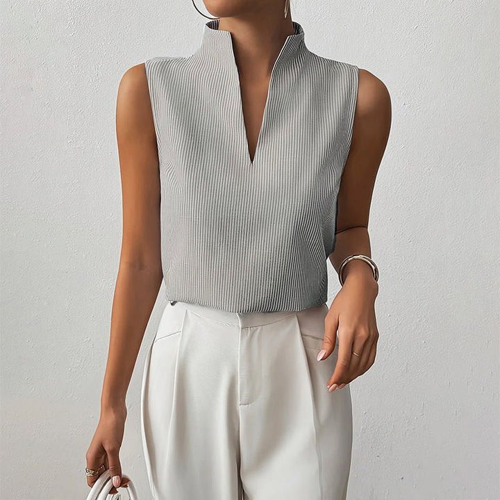 Sleeveless Striped V-Neck Blouse Stand Collar - Gray