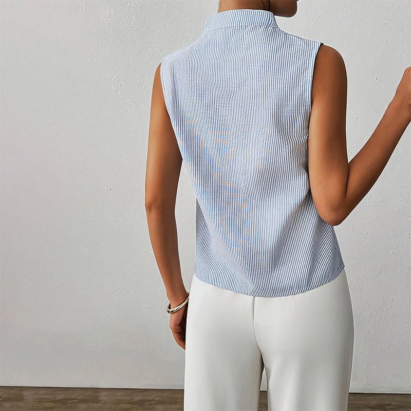 Sleeveless Striped V-Neck Blouse Stand Collar