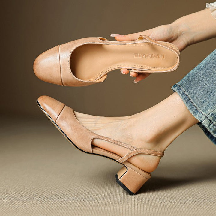 Slingback Pumps Genuine Leather Almond Toe Block Heel - Apricot