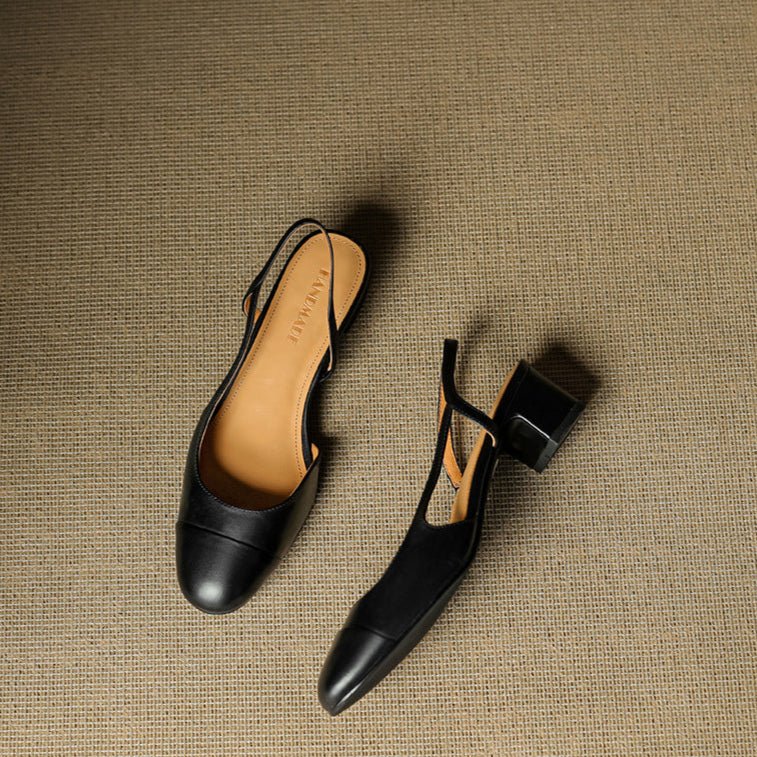 Slingback Pumps Genuine Leather Almond Toe Block Heel