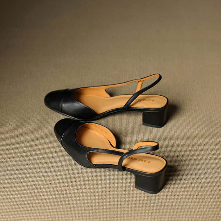 Slingback Pumps Genuine Leather Almond Toe Block Heel