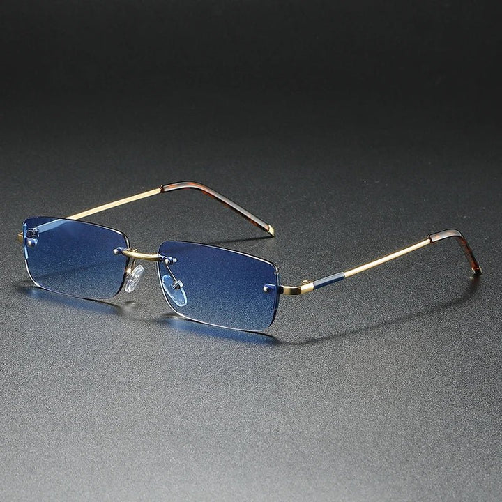 Sunglasses Rimless Rectangular Gold Gradient Tinted - Blue